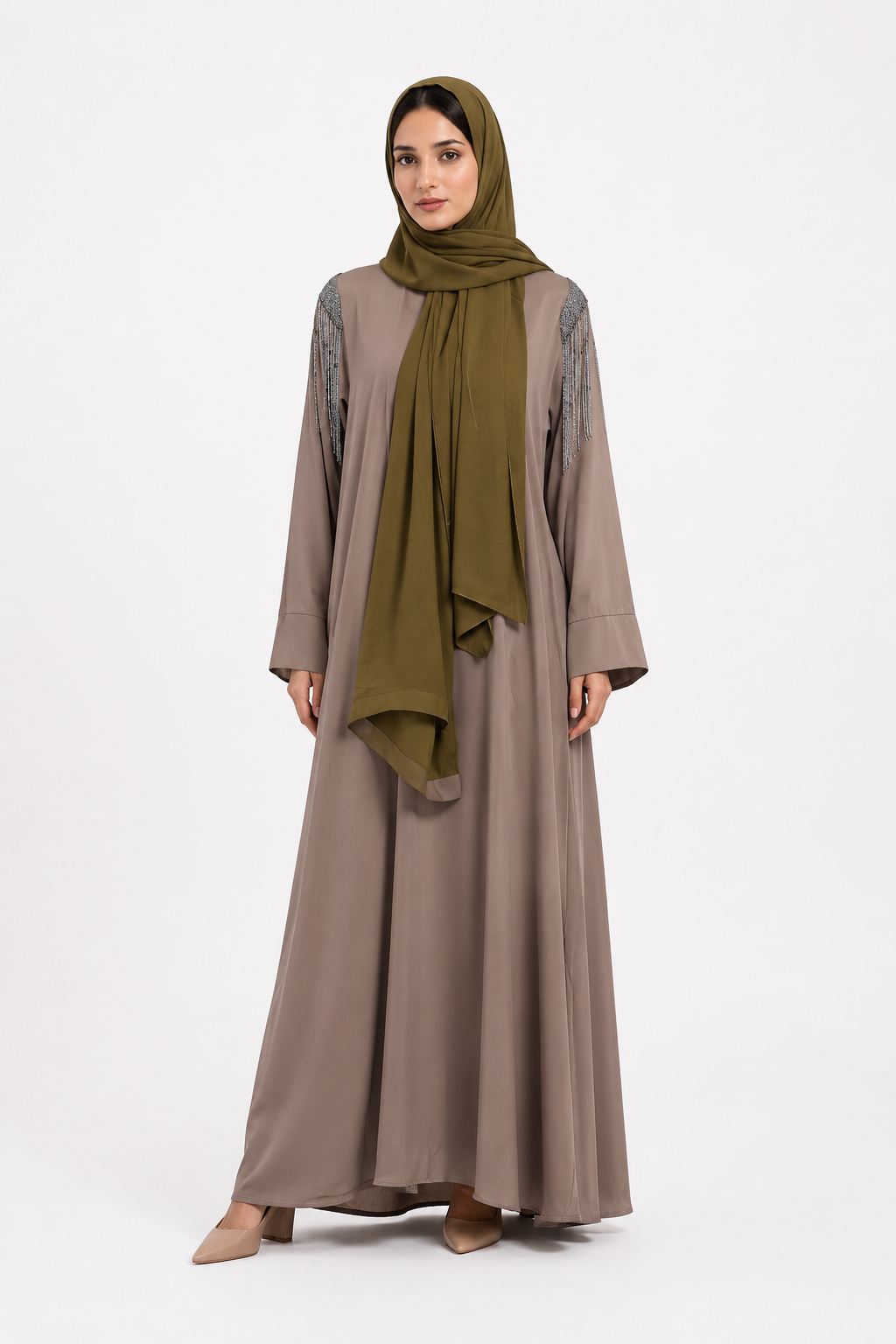 Mocha Beaded Shoulder Straight Shrug Abaya